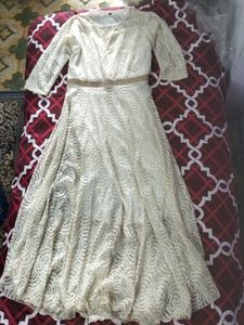 Off White Long Dress With Golden Detailing