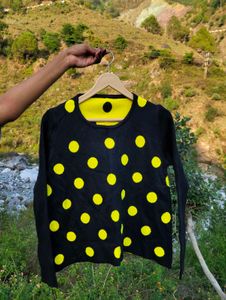 Polka Dotted Black And Yello Ribbed Top