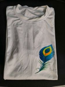 White T-Shirt with Peacock Feather