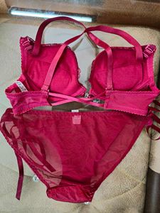 Wine Red Push Up Back Lace Bra Underwear Set