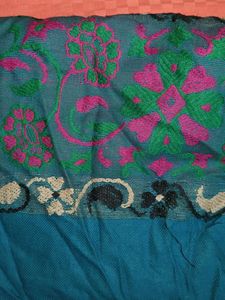 Teal Green Embroidered Shawl with Floral Border
