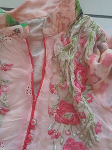 Peach Gorgette Suit With Dupatta And Pant Plazo