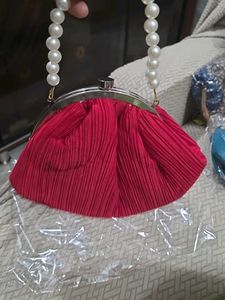Red Potli Clutch With Pearl Handle - medium