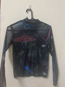 Abstract Graphic Print Mesh Top