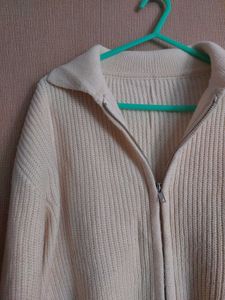 Cream Knit Zip-Up Jacket