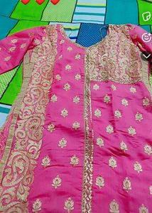 Pink Golden A line Side Cut Party Wear Kurta