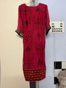 Velvet Designer Red Floral Kurta