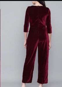 BURGUNDY VELVET RUFFLES JUMPSUIT