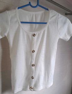 White Ribbed Button-Front Top