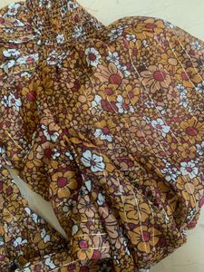 Brown Floral Snatched-Waist Blouse