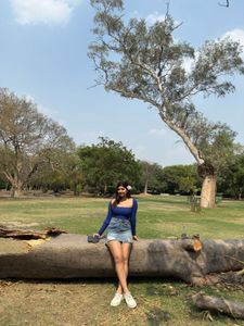 Cute Denim Mini Skirt With Blue Ribbed Top