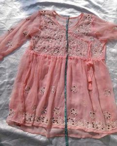 Beutiful Peach Chikankari Mirror Work Kurti/ Tunic