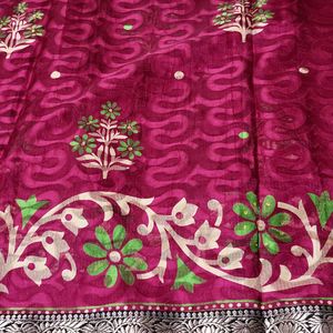 Maroon Embroidered Sari Fabric