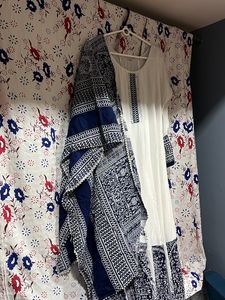 White N Blue Anarkali Kurta Dupatta