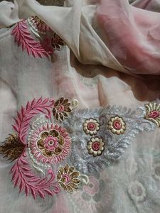 White Pink Grand Embroidery Work Saree
