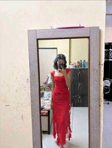 Elegant Red Ruffle Slit Gown