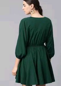 Green V-neck Pleated Fit &amp; Flare Dress