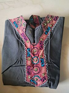 "Women's Black Cotton Kurti with Colorful Embroide
