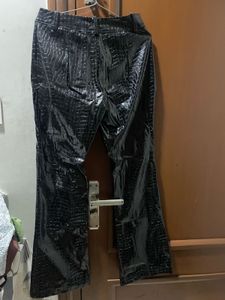 Shiny Black Crocodile-Print Pants