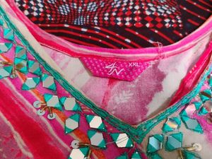 Cotton Kurti With Glass Work Around The Neck