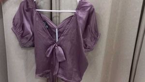 Purple Satin Ruched Top For Party Wear