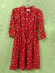 Red Bird Print Button-Down Dress