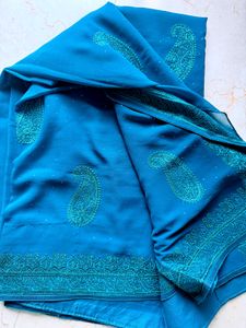 Sworaski &amp; Embroidered Peacock Blue saree