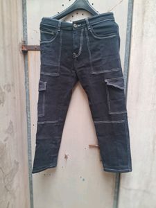 Dark Wash Cargo Pants with Contrast Stitching