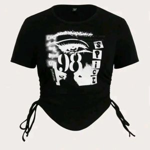 Graphic Print Black Drawstring side Crop Top