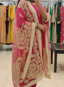 Elegant Pink Suit with Heavy Golden Lace Dupatta ✨