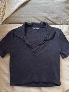 Zara Black Cropped Polo Top