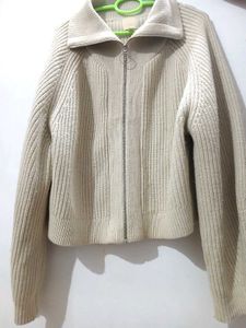 Beige Zip-Up Knit Cardigan