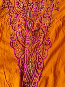 Orange Embroidered Suit With Dupatta
