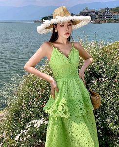 Neon Green Schiffli Lace Tiered Maxi