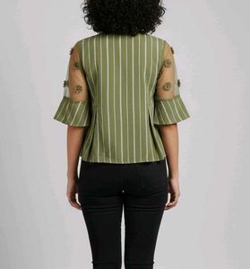 Striped Olive Top with Floral Detail🍀