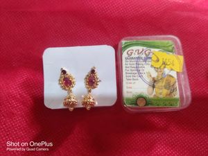 GVG GOLD PLATED COPPER MATERIAL  JHUMKA EARRINGS  RED CUBIC ZIRCONIA STONE