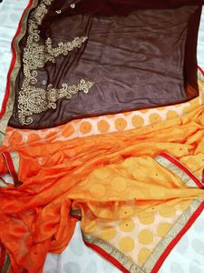 Elegant Brown &amp; Gold Embroidered Saree