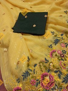 Organza Cutwork Yellow Saree