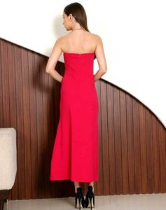 Strapless Magenta Slit Hem Corset Style Dress