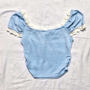 Cute Blue Lace Trim Crop Top