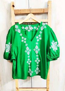 Green Embroidery Work Cotton Top Si,e-46-48
