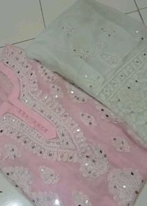 Chickenkari Mirror Work Pink And White Kurti Set