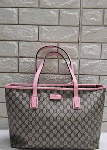 Authentic GUCCI GG Tote Bag Beige Pink Leather