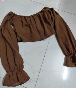 Brown Smoked Crop Top With Buckle Detail