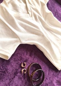 White Ribbed V-Neck T- Shirt