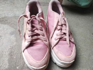 Pink And White Casual Sneakers With Slight Heels