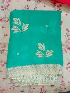 Teal Green Saree with Leaf Design