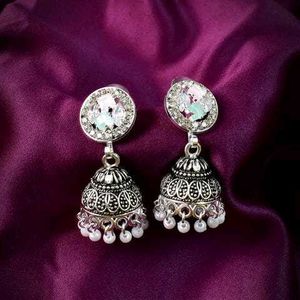 Silver Jhumka Earrings with White Pearls