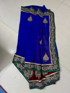 Royal Blue & Red Saree Lehenga-Embroidered Blouse