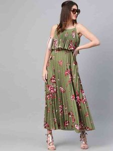 Sassafras Olive Floral Strappy Pleated Maxi Dress